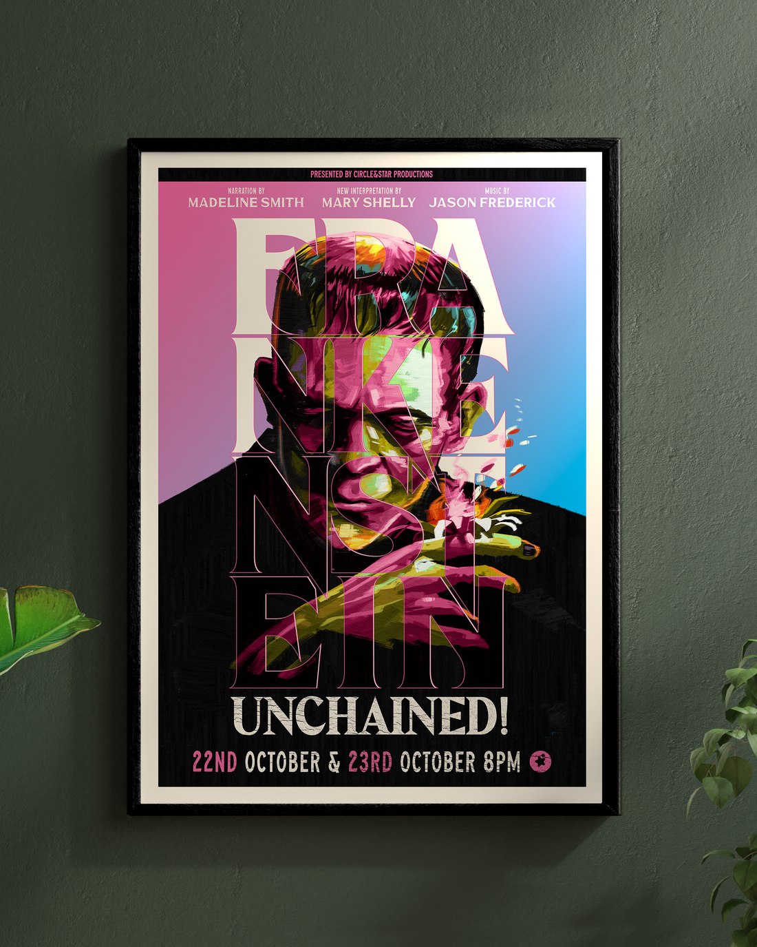 The Frankenstein — Unchained limited-edition print, framed on a dark green wall